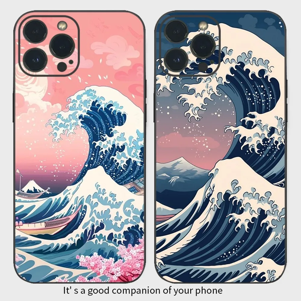 Модный японский телефон с большой волной Kanagawa, модель телефона для iPhone15 14 13 12 Mini 11 Pro XS Max X XR SE5 6 7 8 Plus, Мягкий силикон