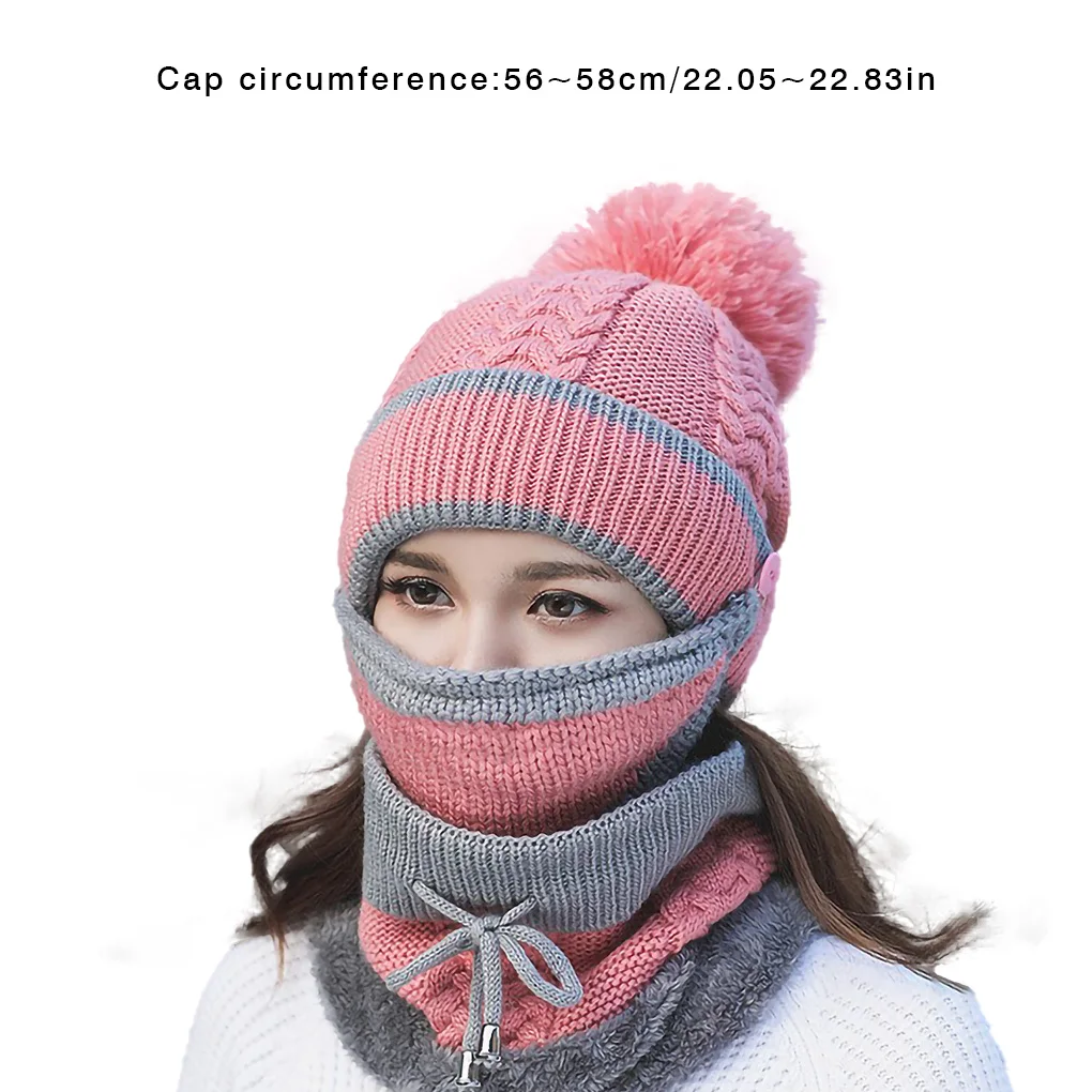 3 Pcs set Cycling Beanie Windproof Scarf Face Cover Hat Winter Warm Snow Knitted Cap  Pink