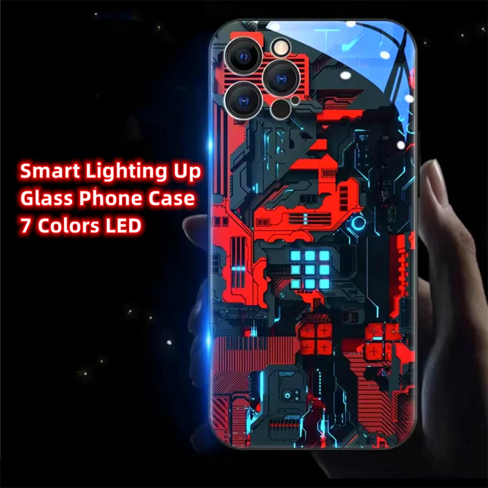 

Mechanical PCBA Luminous Phone Case LED Light Glass Shockproof Cover For iPhone 16 E 15 14 13 12 11 Pro Max XR XS Plus 7 8 SE