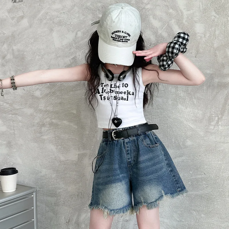 4-6-13 14+ teenager girls summer denim shorts junior kids cotton white Sleeveless T shirt tops Hairy jean shorts child outfits