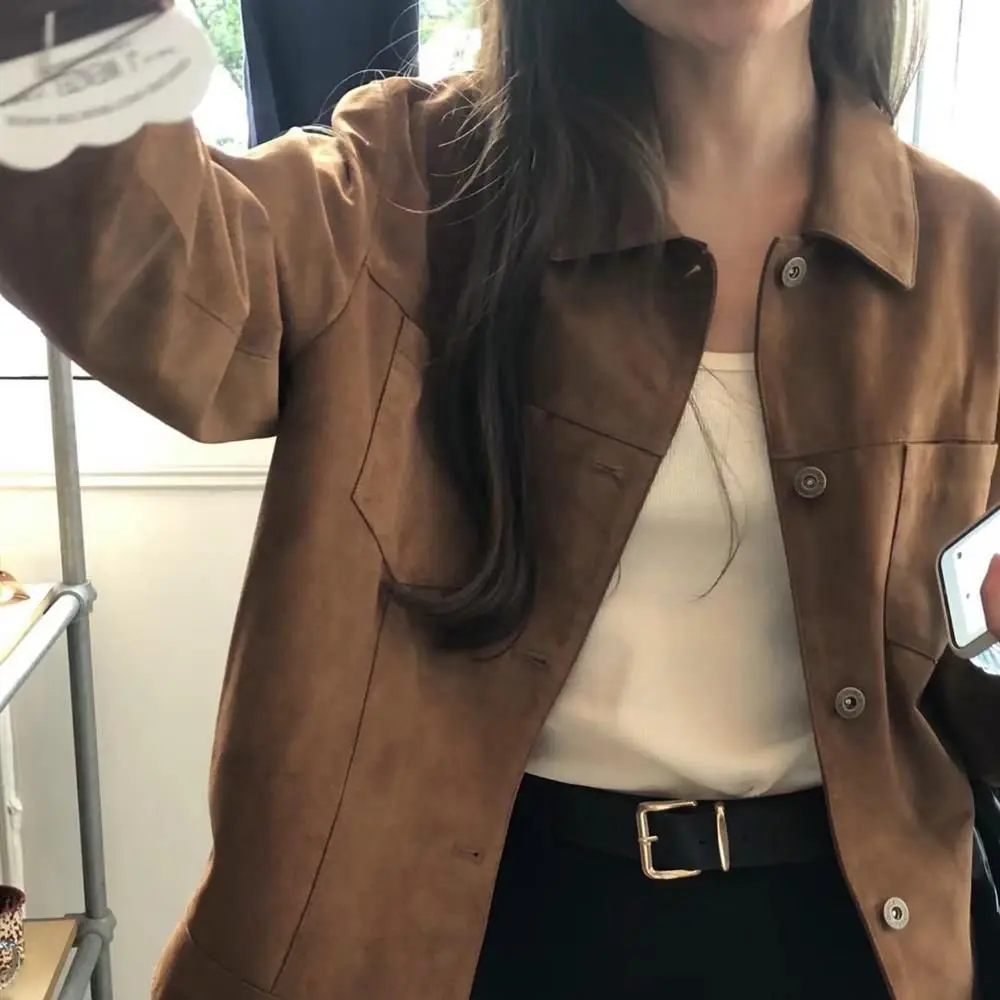 American Retro Workwear Jacket Women's Loose Casual Short Coat Suede Fabric Versatile Spring Autumn New Style Ladies Top