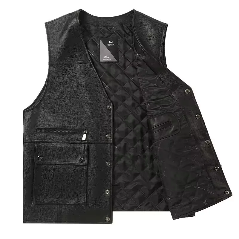 Genuine leather Motorcycle Vest Mens sheepskin Leather Waistcoat biker jacket clothing chaleco bullet proof club vest Male coat