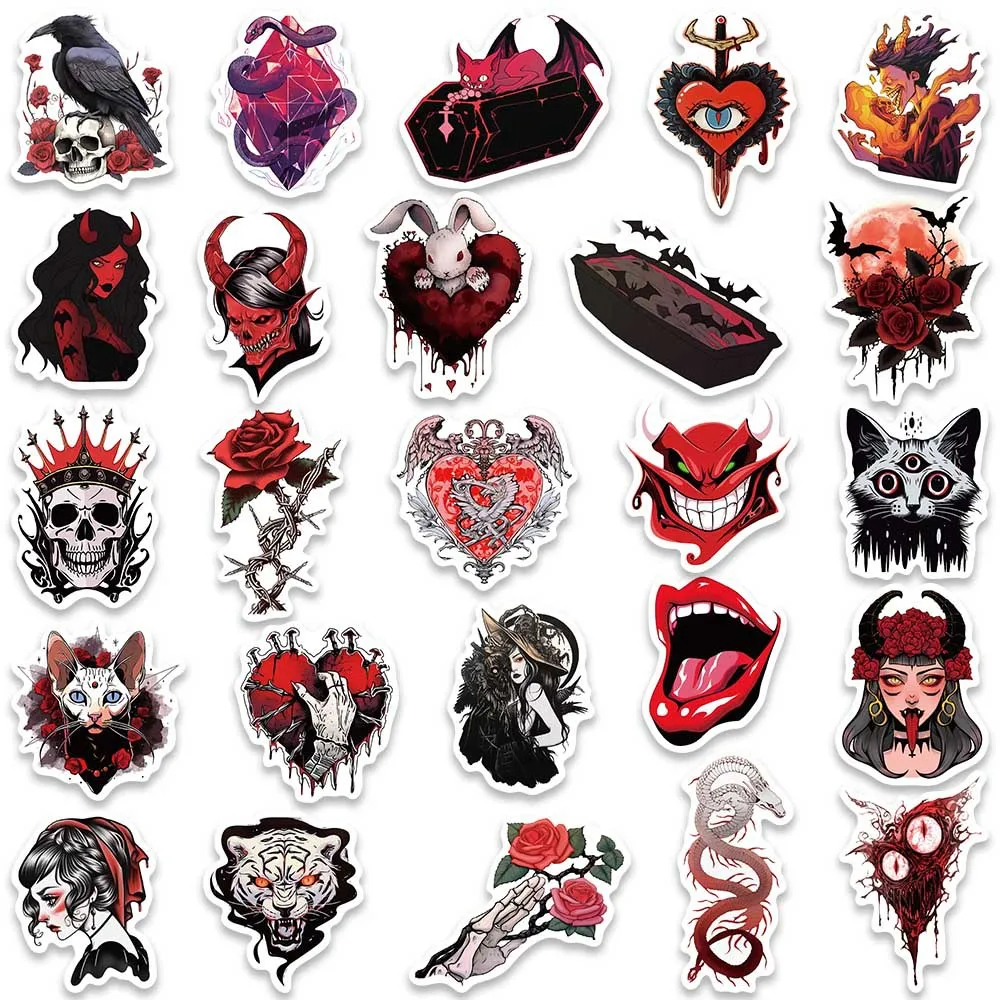 10/50pcs Red Gothic Horror Skull Witch Stickers Punk Graffiti Decals Laptop Motorcycle Skateboard Phone Cool Waterproof Sticker