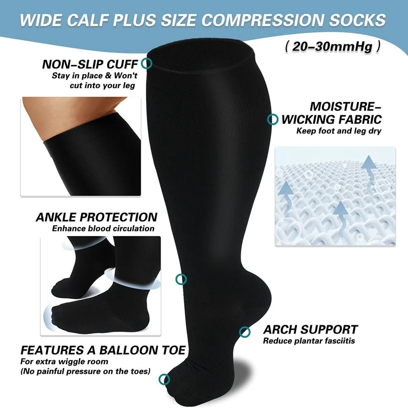 Women Men Unisex Compression Socks Plus Size Stretch Knee High Stockings Varicose Vein Support Socks for Running Sports Hiking