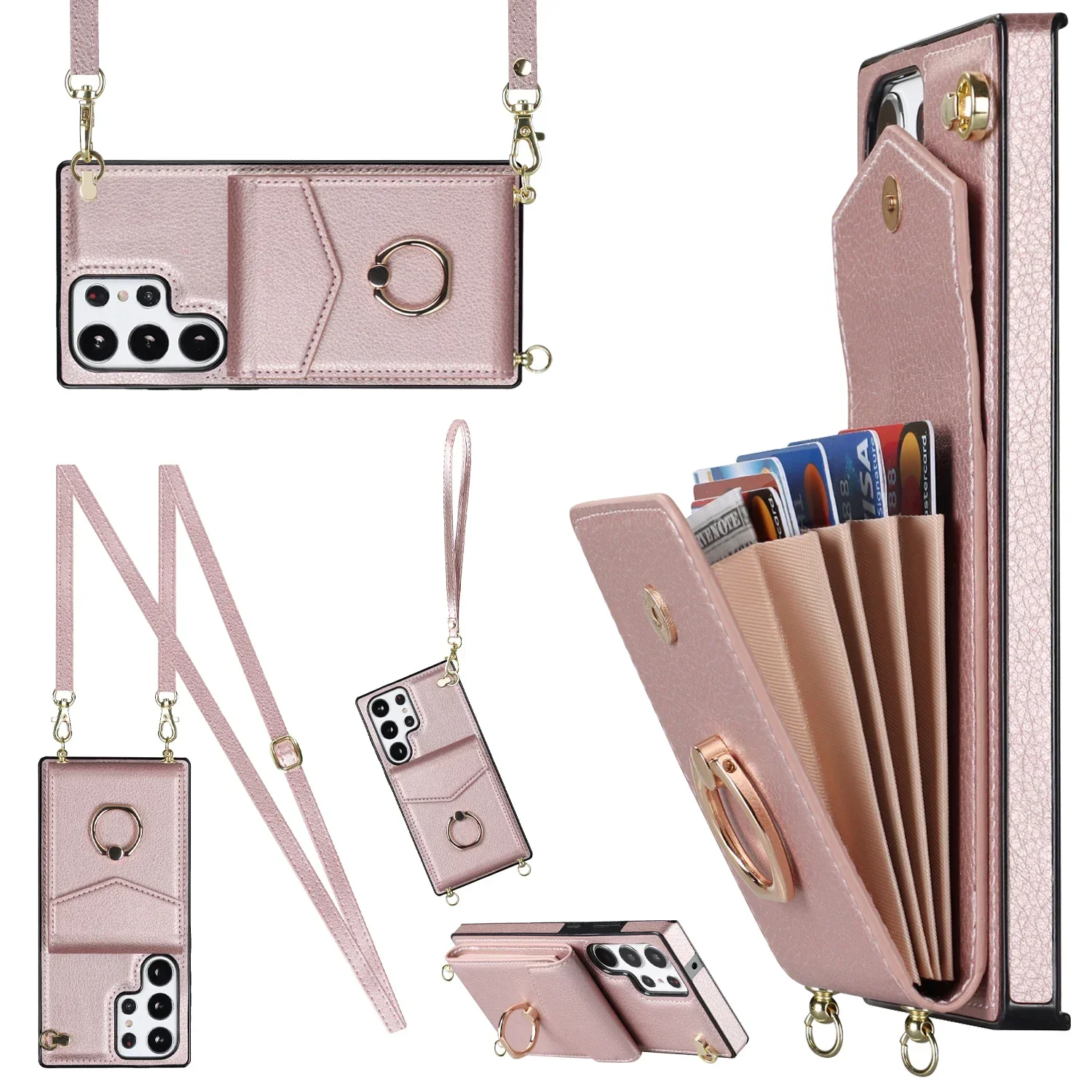 

Ring Stand Crossbody Case For Samsung Galaxy S25 S21 S20 S23 FE S24 S22 Plus Note 20 Ultra A55 A16 5G Card Holder Leather Cover