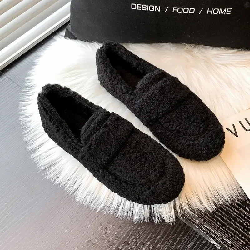 2022 Luxury Lambswool Cotton Shoes Women Loafers Winter Warm Fur Plush Casual Flats Slip on Autumn Mocasines Mujer