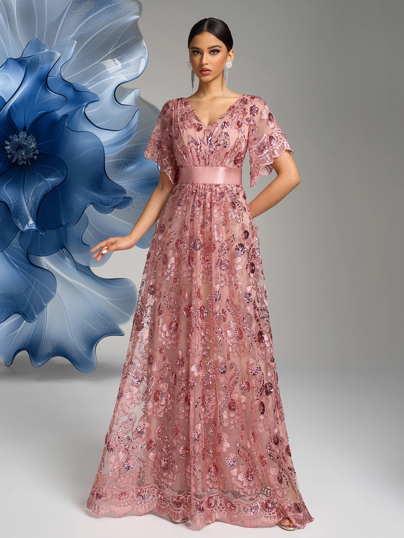 ชุดราตรีทรงยาวประดับเพชร แขนจีบ ปักลายดอกไม้ ดีไซน์หรูหรา สำหรับผู้หญิง