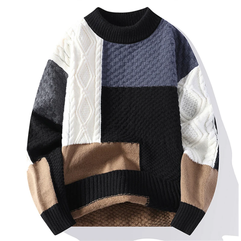 

Spring Autumn Men's Casual O-neck Pullover Knitted Sweaters Vintage Male Loose Patchwork Casual Sweater