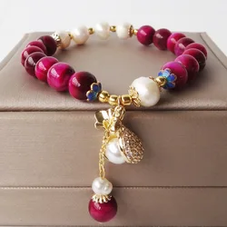 8mm Natural Tiger Eye Stone Crystal Bracelets for Women's Fashion Light Luxury Lucky Bag Pendant String Bracelet Jewelry Gift