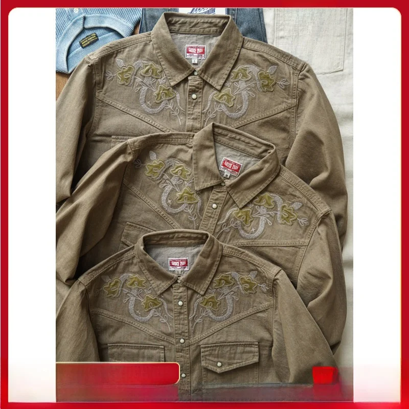 

Retro Western Sle Embroidered Casual irt Men's Long Sve Spring Autumn Trendy Ame i SauceZhan Classic Stand Fit