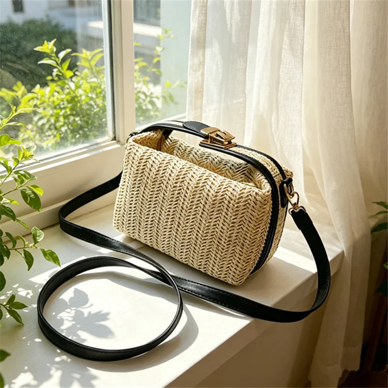

Vintage Woven Straw Chic Crossbody Bag with Gold Lock Closure Adjustable Strap Top Handle Bags for Women's Summer Shoulder Purse