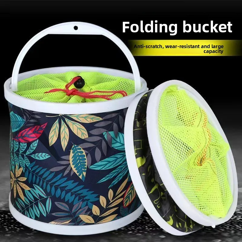 Thickened Outdoor Hard Bottom Folding Canvas Fishing Bucket with Anti Jump Net Portable Water Carrier
