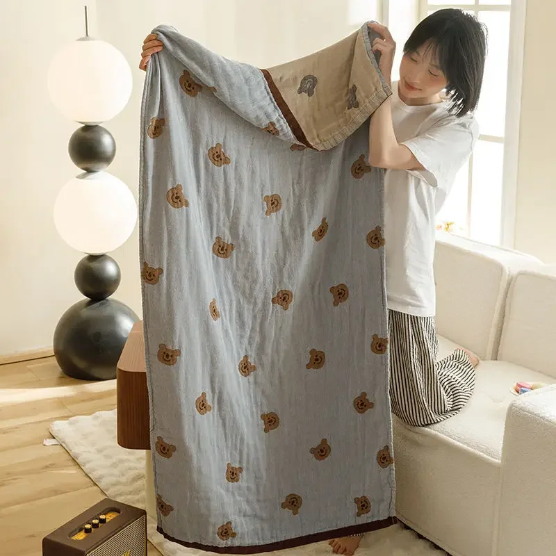 Cartoon Pure Cotton Bath Towel Four-layer Gauze Absorb Water Large Towel 80x160cm Bathroom Wrap Quick Drying Casual Knee Blanket
