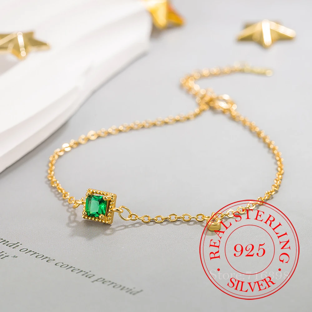 Luxury S925 Sterling Silver Female Bracelet 14K Gold Square Emerald Crytal Bracelets For Women Girls Fine Jewelry Wedding Gift