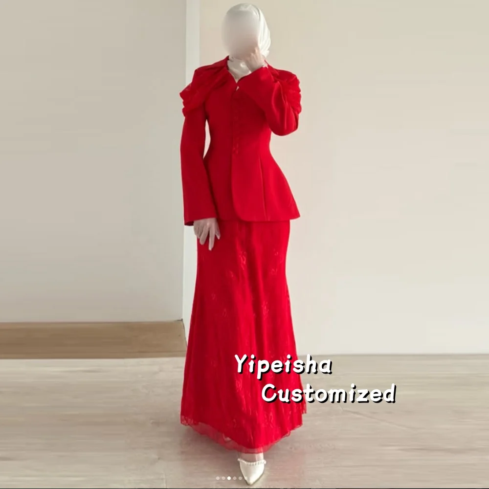 

Customized High Quality Lace Button Pleat Trumpet V-neck Long Evening Dresses Simple Long Sleeves A-Line Prom Gowns