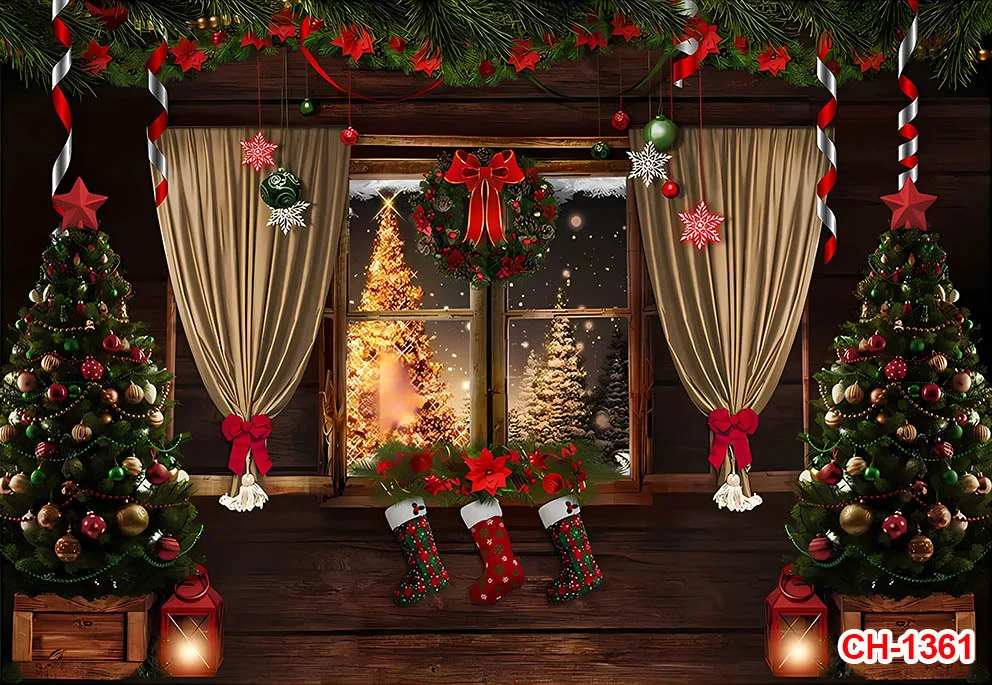 Christmas Window Photography Backdrop Classic Draped Interiors with Evergreen Garlands and Warm Lights for Family Holiday Photos