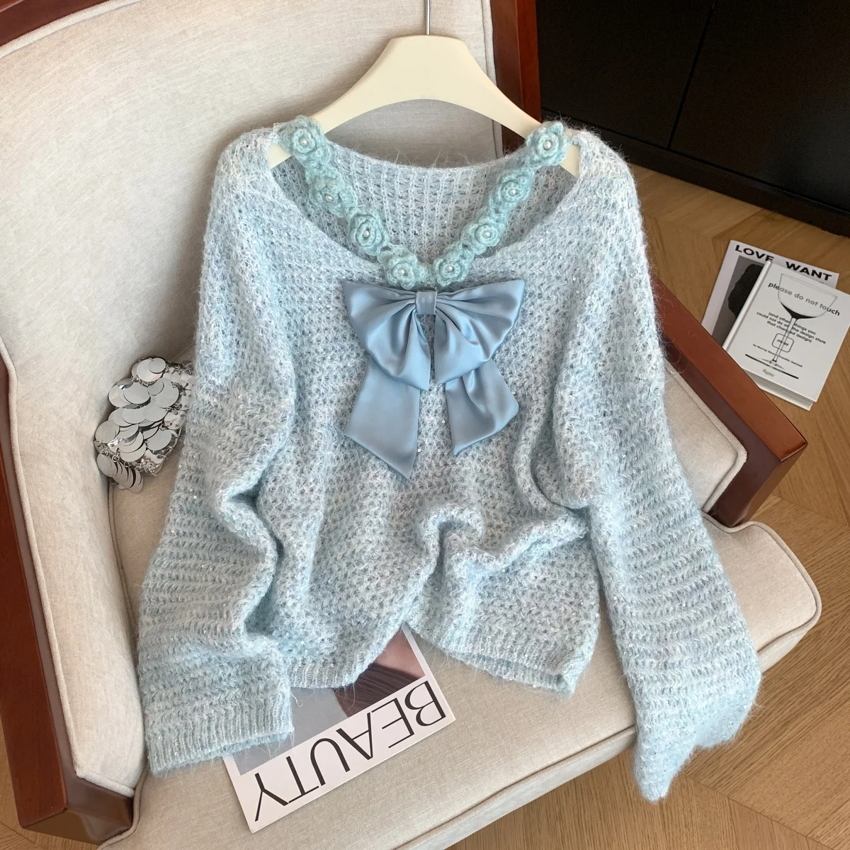 여성용 퍼플 3D 플로럴 점퍼 풀오버 스웨터 빈티지 2000년대 Y2K 감성 니트웨어 긴 소매 브이넥 리본 스웨터 가을 2025