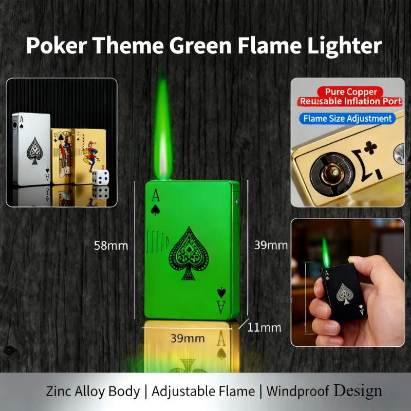 

Playing Card Lighter - Metal Butane Windproof Straight Flame, Easy-Refill, Fun Men's Accessory for Gaming Nights & Daily Use