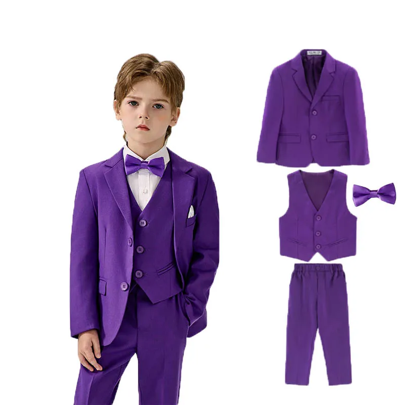 

Boys Wedding Photograph Suit Kids Purple 4Pieces/Set Jakcet Vest Pants Bowtie Piano Party Dress Children Performance Costume