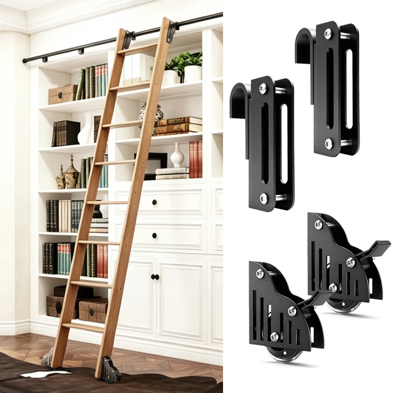 Telescope Hooks for Sliding Library Ladder,Bottom Wheel With Brake Kit,2Packs,Fit Thickness 28mm Solid Wood Ladder