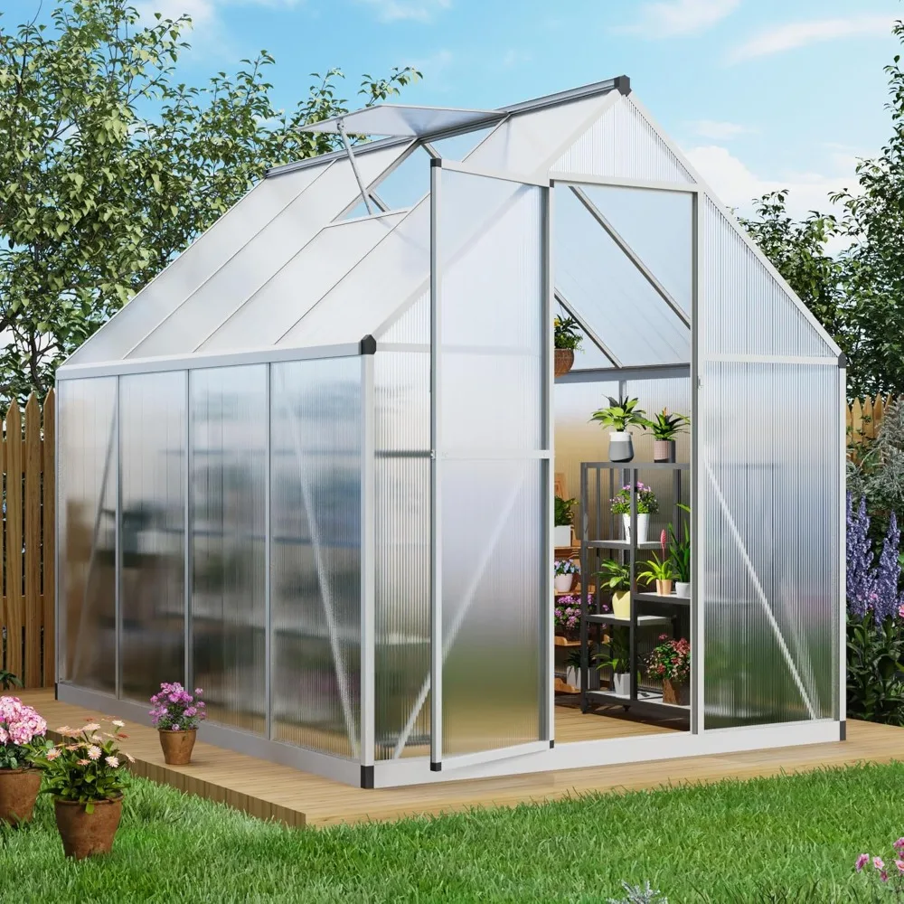 

6'x 7.5 'polycarbonate greenhouse with roof ventilation windows and rain gutter, walk-in aluminum frame lockable door