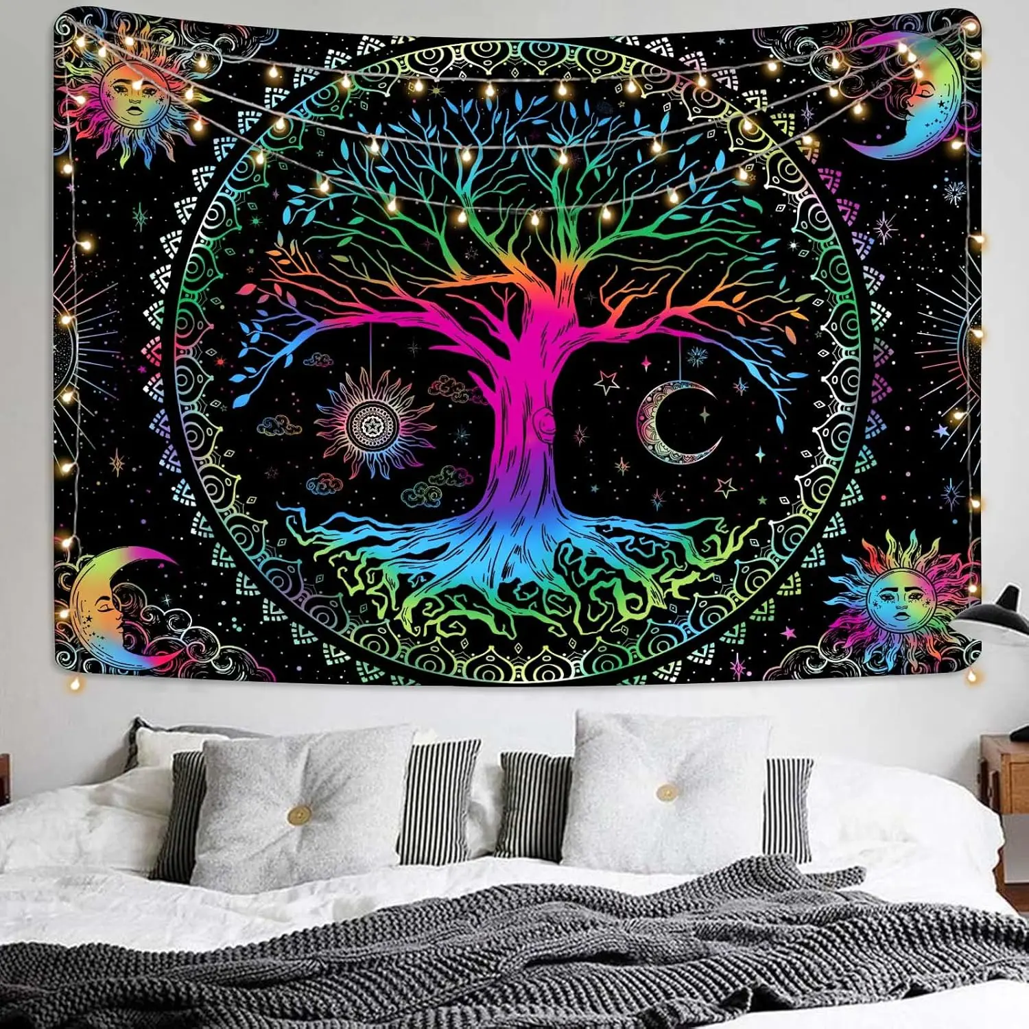 Rainbow Tree of Life Tapestry, Black Sun Moon Celestial Wall Hanging, Mystical Boho Decor for Bedroom Living Room Yoga