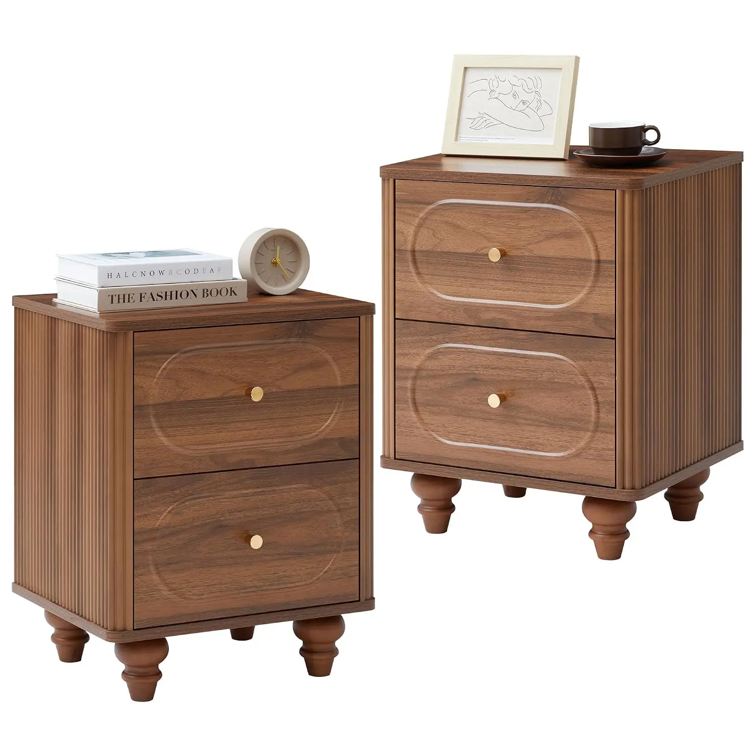 Mid Century 2 Drawer Fluted Nightstand Set of 2 Small End Bedside Table for Bedroom Living Room Walnut, Customized