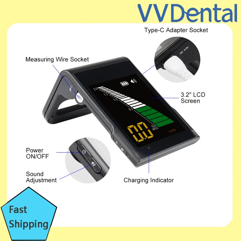 Portable Dental Endodontic Apex Locator with Automatic Calibrating 3.2 Inch LCD Screen Root Measurement Buzzer Alert