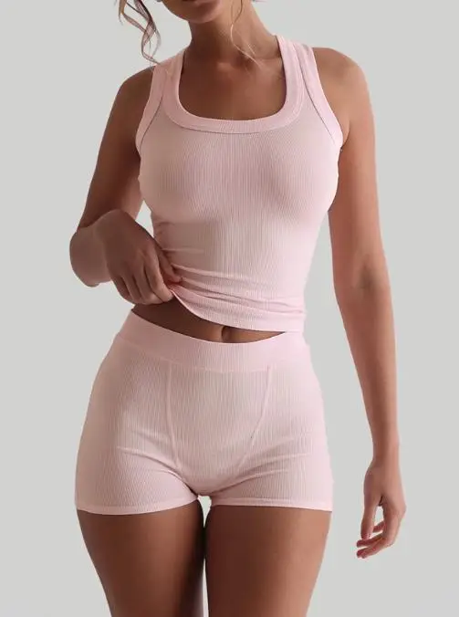 Damski Zestaw Ubrań na Siłownię, Casualowy Zestaw Szortów Sportowych, Styl Sportowy do Jogi, Jednolity Kolor, Obcisły Top na Ramiączkach, Seksowny Zestaw Szortów Podkreślających Biodra