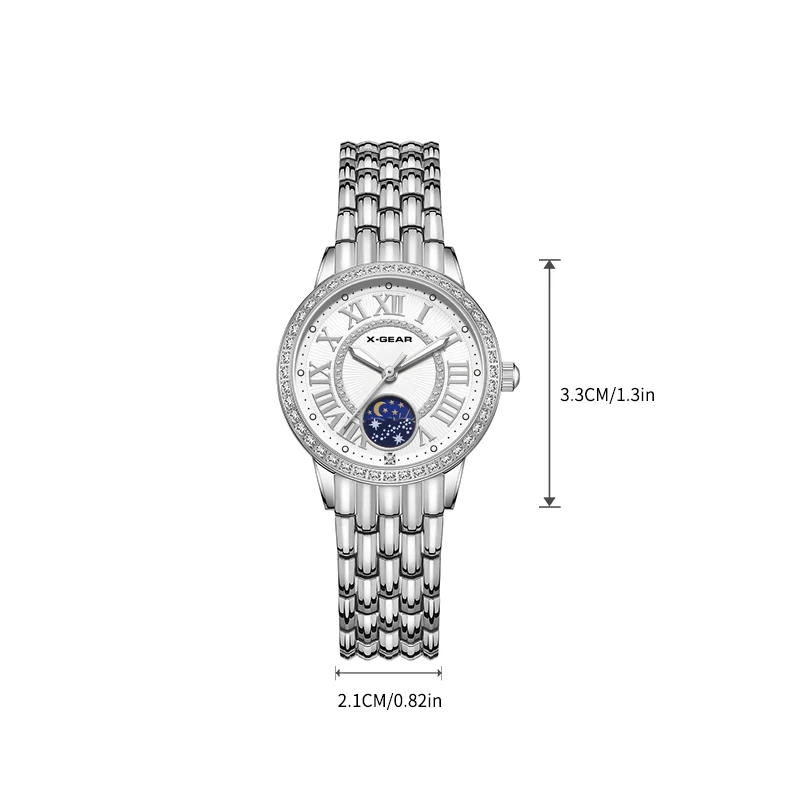 X-GEAR Luxury Mechanical Movement Watch with Diamond Accents Roman Numeral Dial Elegant Stainless Steel Ladies' Wristwatch