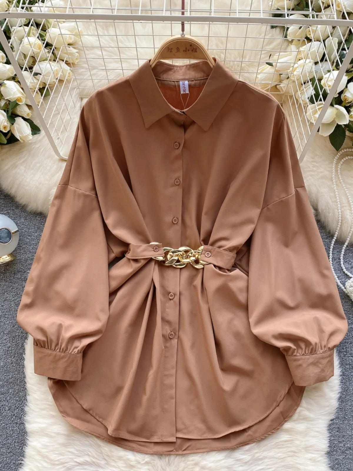 

Spring 2024 Women's Faion Bubble Sve irt Slimming Waist Midi Length Top Korean Sle Commute Long Sve Loose Fit irt