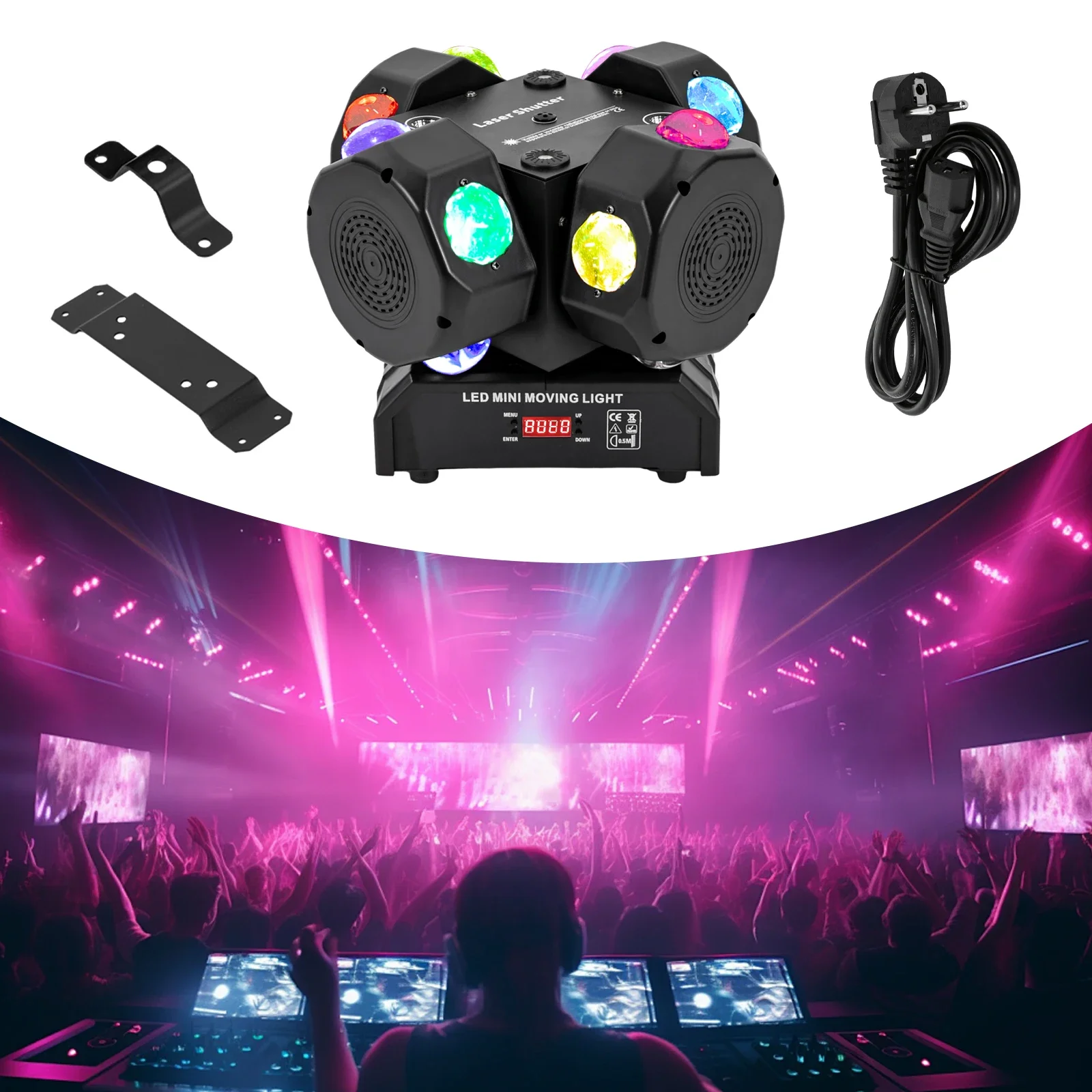 200W 4 Lamp Heads Moving Head Light LCD Display DMX 512 Stepper Motor 360° Rotation Angle with Laser for Party KTV