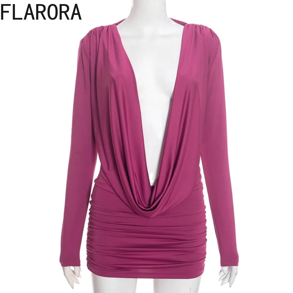 FLARORA Sexy Chic froncé mince Mini robe femme col en V profond manches longues moulante pêche hanche robes Hottie minuit fête Clubwear