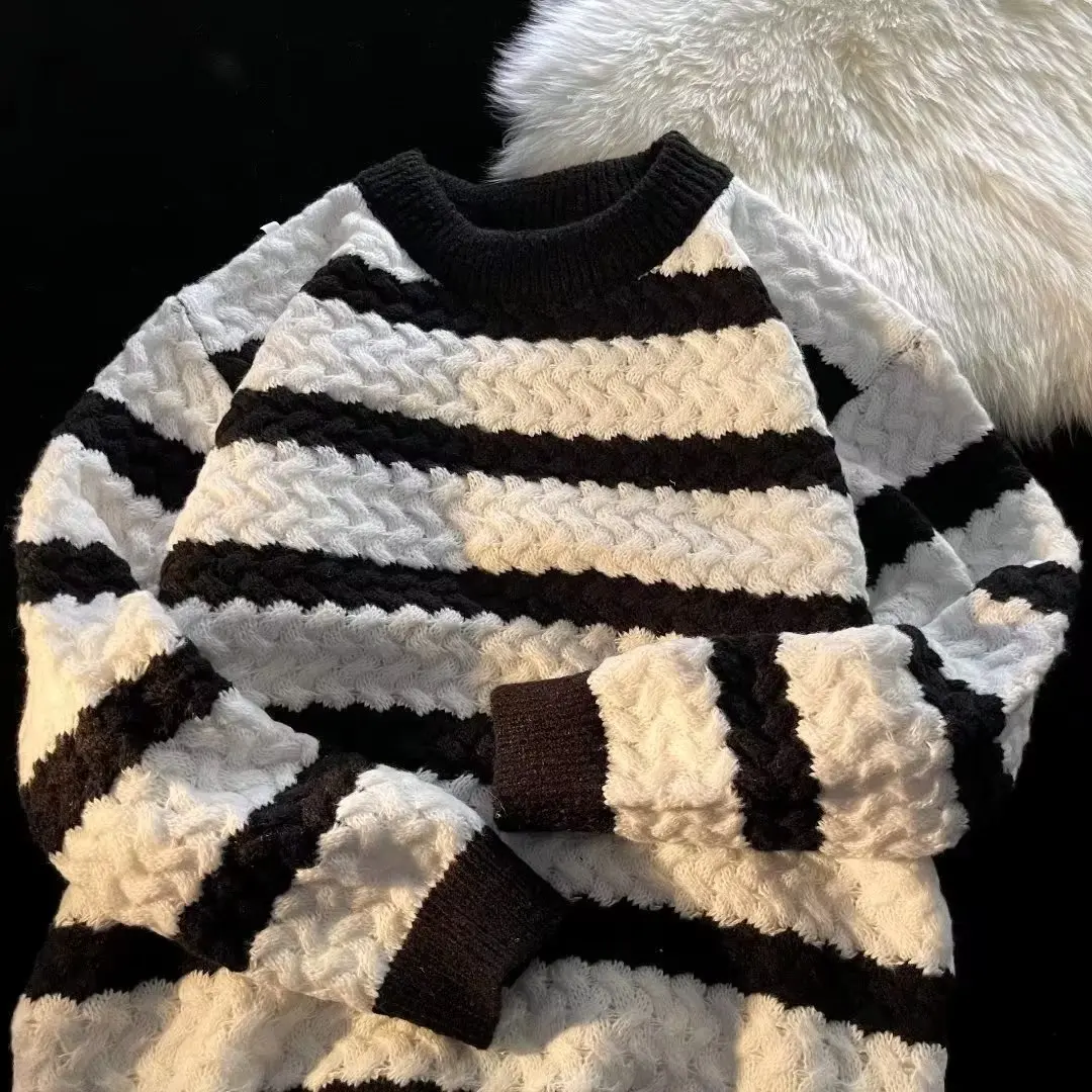 

Large Size Autumn Winter Sweater Couple Matching Loose Casual Men's Fat Lazy Hong Kong Sle Retro Knitted Jaet Outerwear