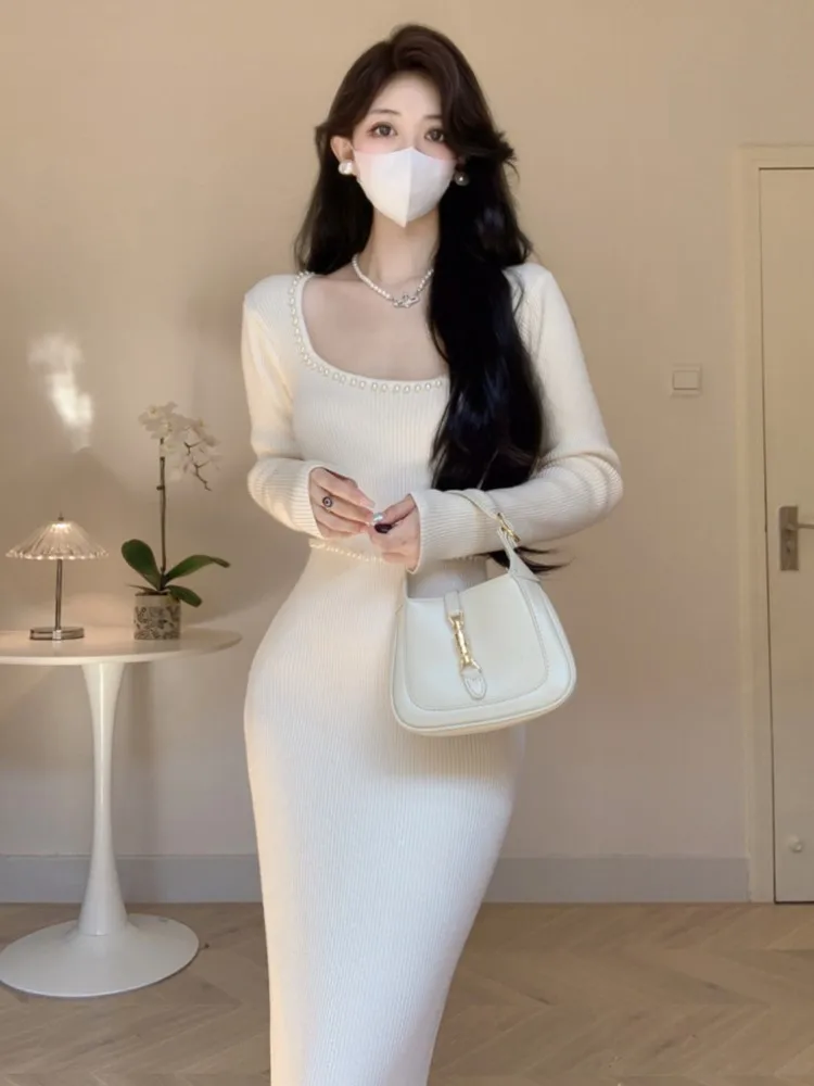 

Autumn Winter Knitted Dress 2024 New Women Pearl Decoration High Waist A-line Vestidos Elegant Evening Party Prom Clothing