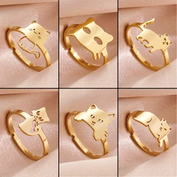 Chic Cartoon Kitty Cat Adjustable Rings For Women Stainlessness Gold Plated Finger Ring Luxury Designer Jewelry Party Gifts
