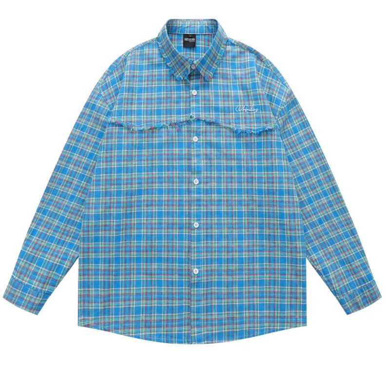 

Men's autumn design sense loose casual jacket fashionable trendy brand letter embroidery splicing plaid long sleeved shirt