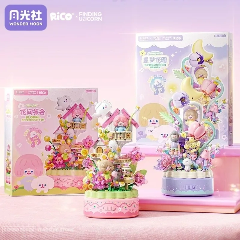 RiCO Flower Adventure Assemblaggio di blocchi di costruzione FINDING UNICORN Carillon Giocattolo Modello Kawaii Ornamenti Regalo di festa per bambini