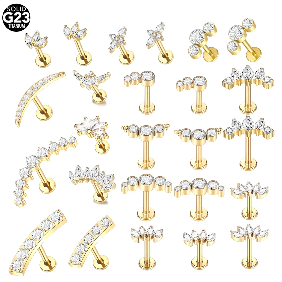 1PC Titanium Zircon Labret Piercings Lip Rings Gold Color CZ Cartilage Helix Lobe Conch Earring Stud Piercings Biżuteria damska 16G
