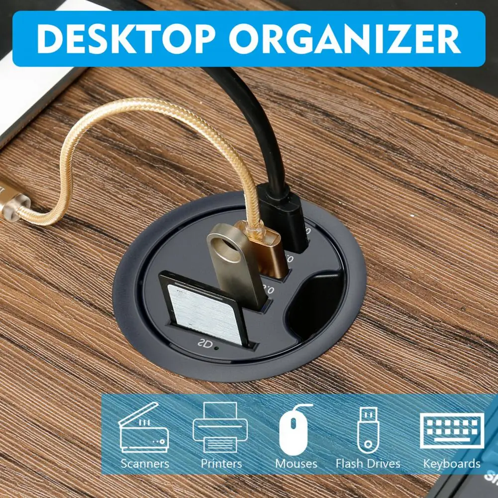 USB Hub 5 in 1 Multiport 3 USB3.0 TF/SD-card Reader Hole in-Desk 5Gbps Data Transfer USB Desk Grommet Office Supplies