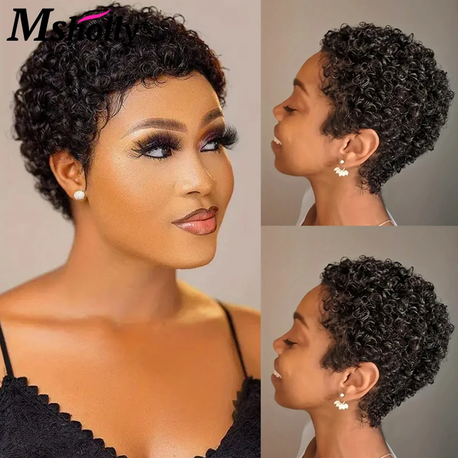 

Kinky Curly Wig Short Curly Human Hair Wig With Bangs Full Machine Made Wig Pixie Cut Wig Pre-plucked 180% Density Wig For Women