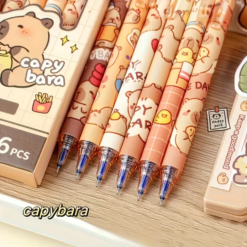 6 Cute Capybara Erasable Pens 0.5mm Fine Tip, Quick-Dry Ink, Retractable Rollerball w/ Eraser, Yellow-Brown, Office & School