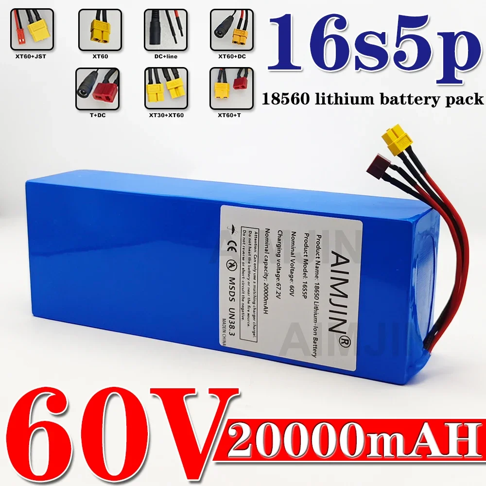 60v battery 20000mAH 16s5p 18650Lithium Battery Pack with BMS for Motorcycle, scooter, Bicycle 2000W Motor