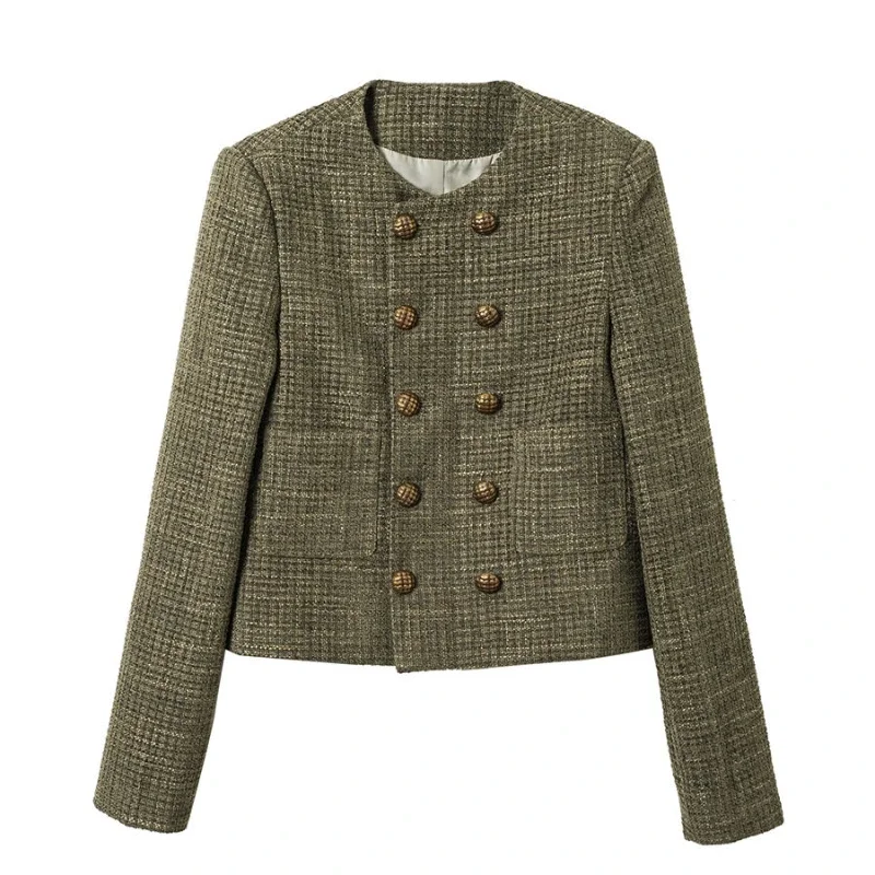 Retro Women's Tweed Wool & Blends Coat Round Neck Ladies Jackets Medium Hot Autumn High Quality Luxury Outerwears Long Sleeve