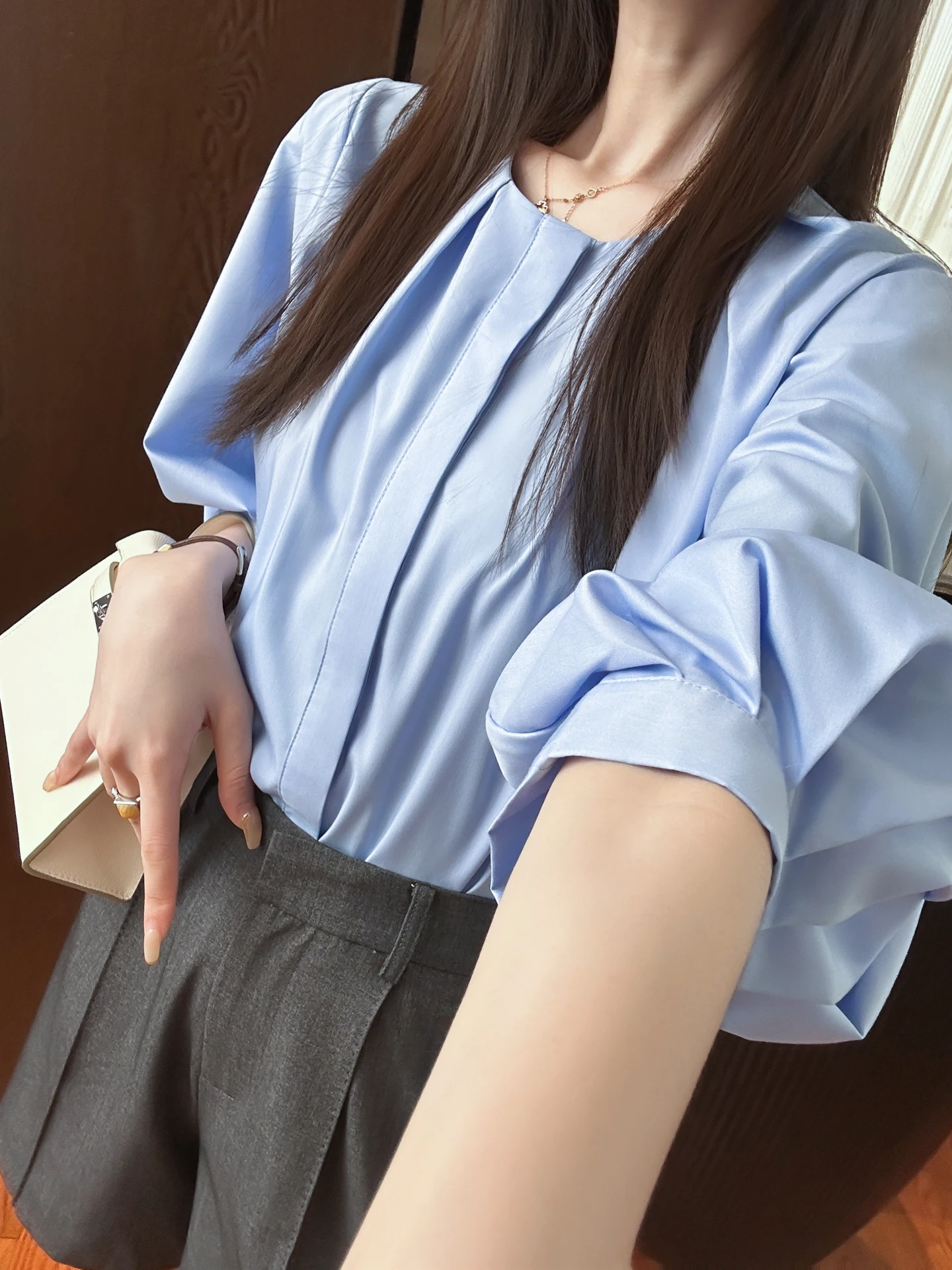 

You See Premium Commute Bubble Sve irt Женский свободный сложенный корейский повседневный летний топ из смеси шелка Faion