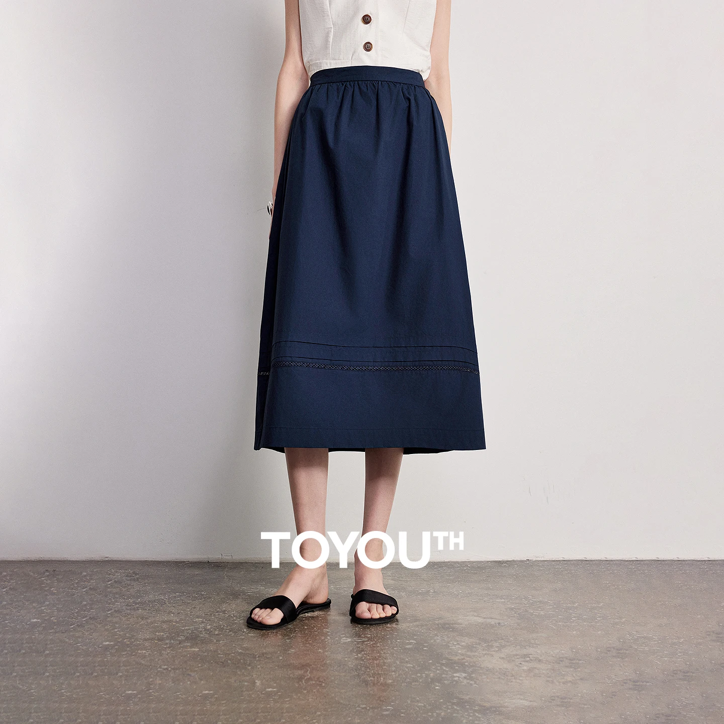 TOYOUTH Women Cotton Skirts 2026 Spring New Patchwork Openwork Lace A-line Midi Skirts in Reserved Style