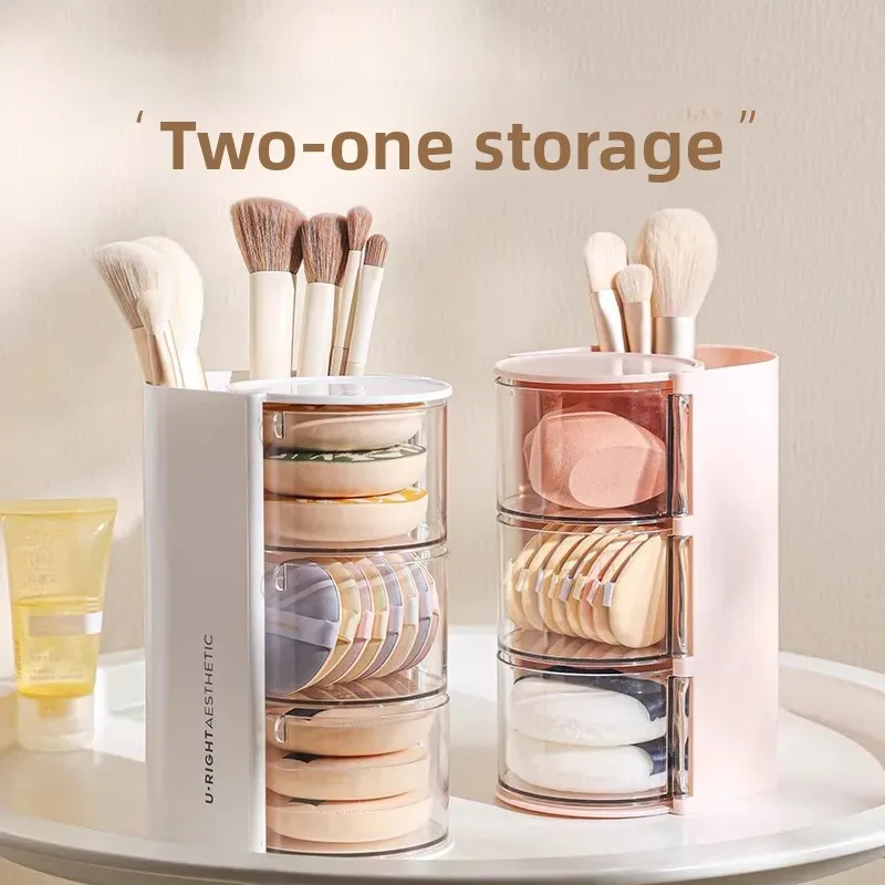 回転化粧品収納ボックス化粧パウダーパフ棚ホルダー防塵デスクトップリムーバー綿ブラシ収納ラックオーガナイザー