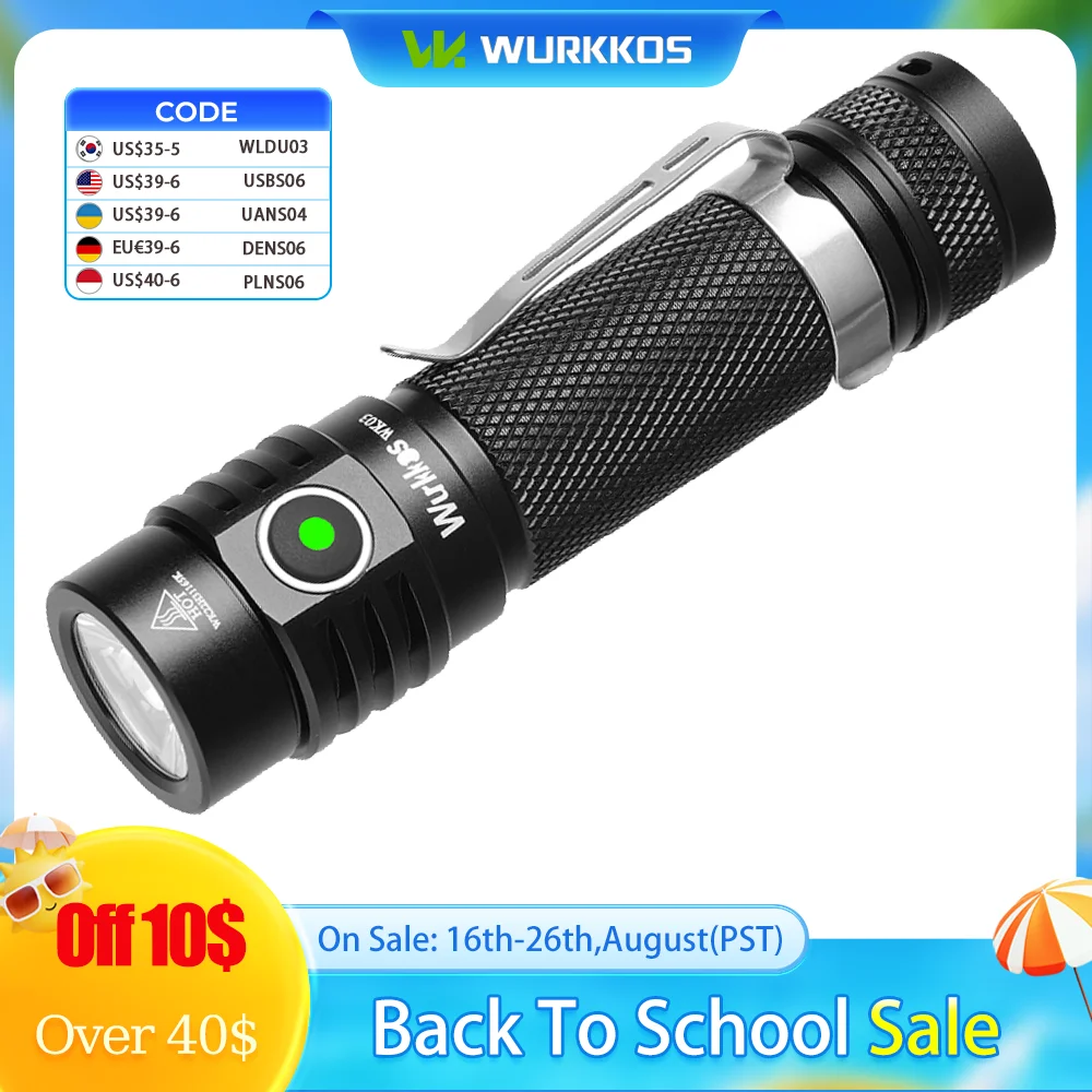 Wurkkos Golden WK03 519A Tragbare EDC-Taschenlampe mit hohem CRI, 1200 lm, IPX8, wiederaufladbare Taschenlampe mit magnetischem Ende für Wandern und Camping