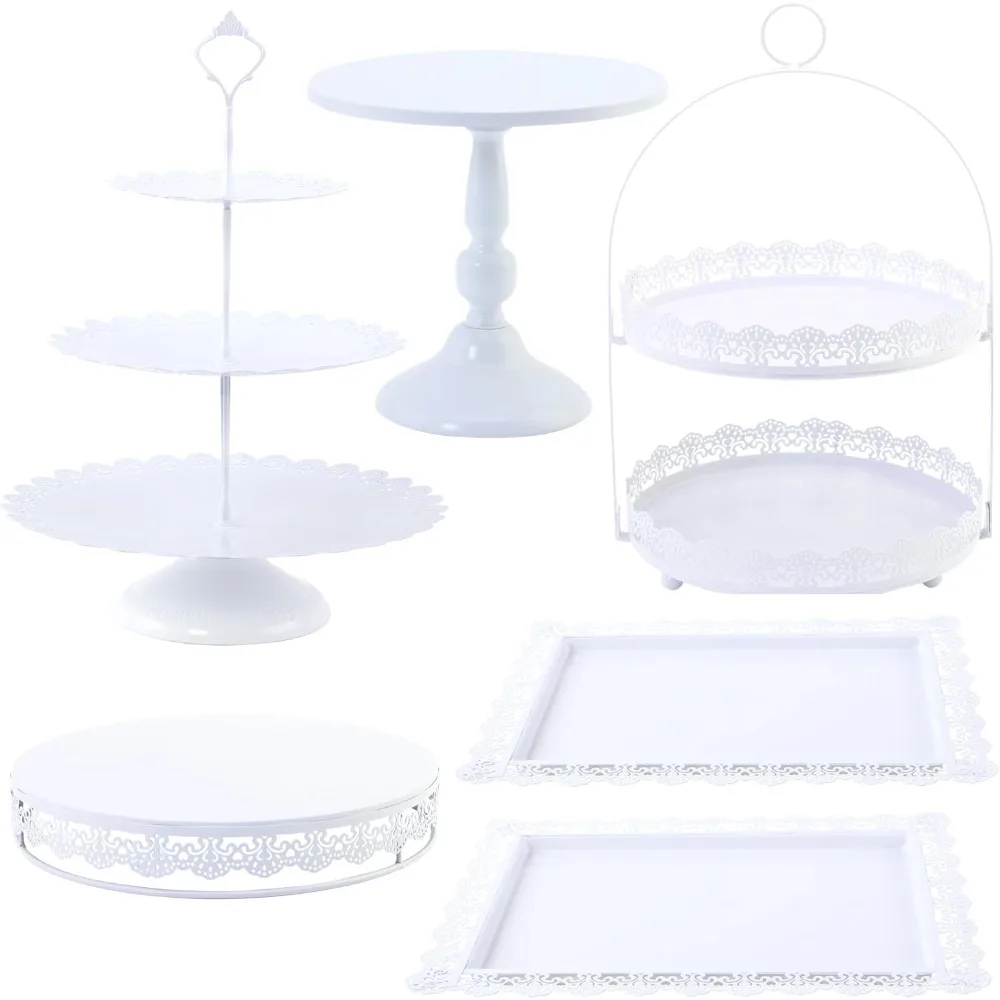 

6 Pcs White Set,Plate Serving Tower Tray, Cake Stand