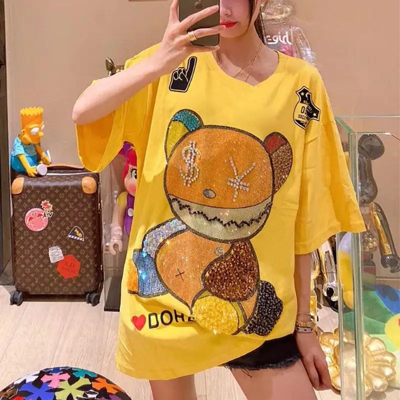 Oversized Tees Dress for Women New Summer Fashion Sparkling Diamond Short Sleeve Mid-long T-shirt Large Size Pullover Cotton Top